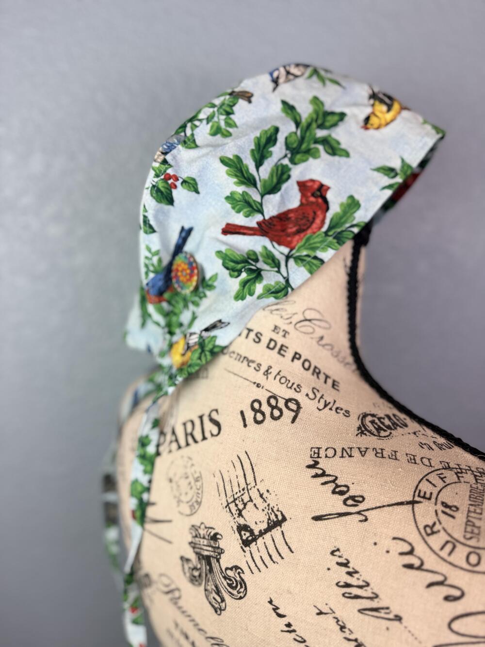 Bird Print Hat Bonnet Adjustable Womens Cotton Button Handmade Spring Summer